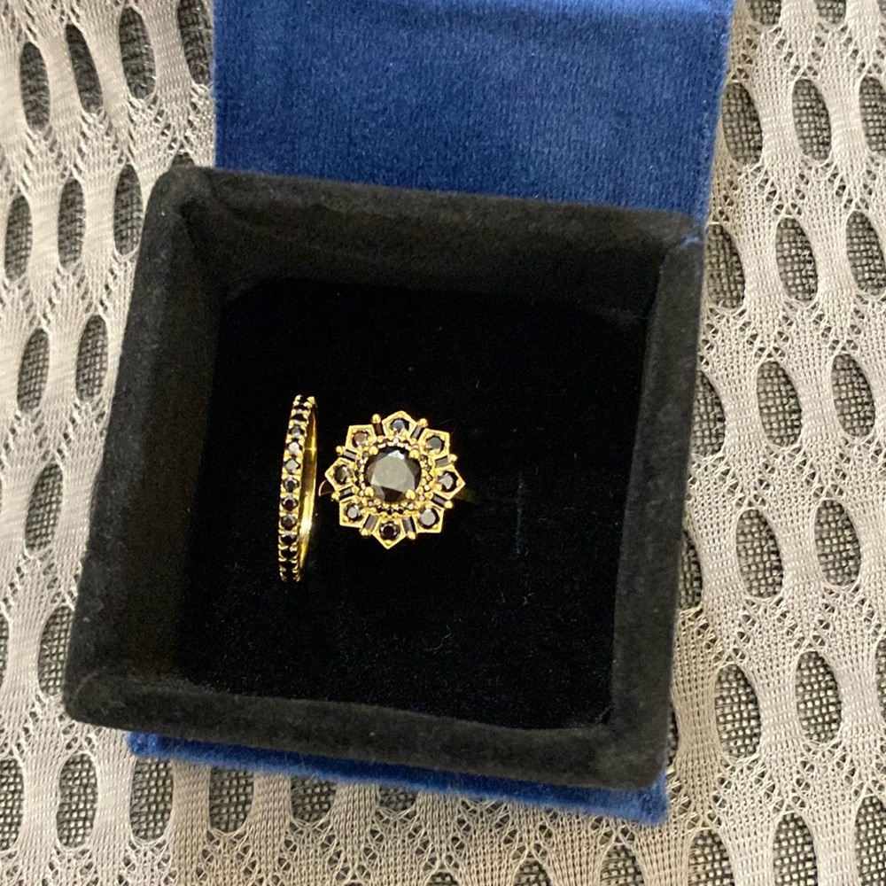 Black Onyx Engagement Ring Set - Art Deco Bridal Ring Set SZ6